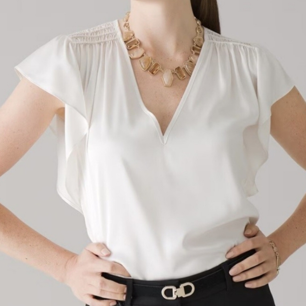 NWT White House Black Market Flutter Sleeve Ruffled Blouse Ivory, Off White